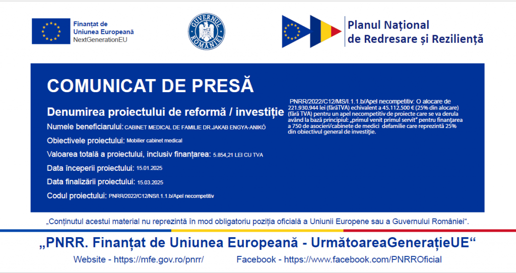 Investiție prin PNRR pentru sănătate: dotarea cabinetului medical cu mobilier nou
